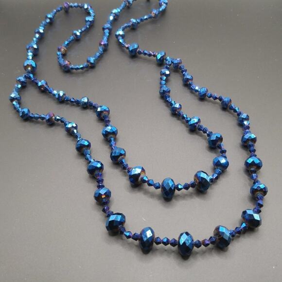 Blue Iridescent Beaded Necklace, No Clasp, Two Strands, 28 Inches - Picture 6 of 8